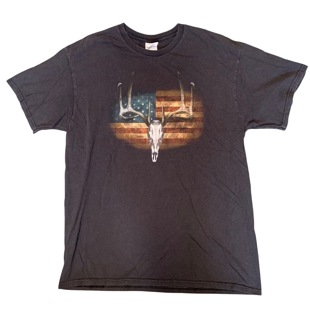 Delta Pro Weight American Flag Deer Skull Graphic T-Shirt Mens‎ L Black Hunting